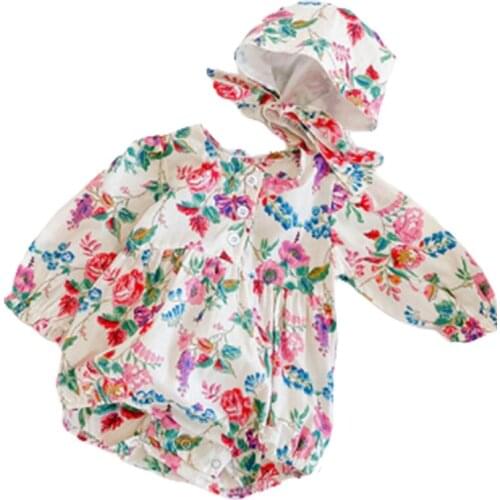 Autumn New Baby Girls Clothes Floral Cotton Baby Bodysuits Baby Hat Sweet Jumpsuit Baby Outfit Cute Toddler Long-sleeve Jumpsuit