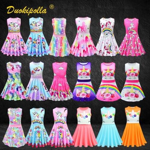 2-8Y Baby Girls Sleeveless Unicorn Print Dress Little Pony Clothes Kids Summer Casual Dress Children Party Princess Fairy Frocks