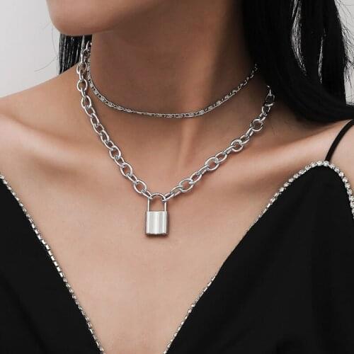 Trendy Punk Thick Chains Lock Charms Pendant Necklace for Women Double Layer Vintage Geometric Clavicle Necklaces Jewelry Gift