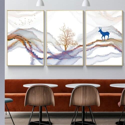 Poster and Prints Nordic Canvas Painting Blue Modern HD Deer Mountain Animal Tree Wall Art Picture Living Room Home Decoation