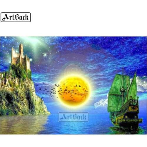Full square diamond painting castle sailing sunset landscape handmade crafts 5d diy diamond embroidery 3d diamond mosaic 20x30cm