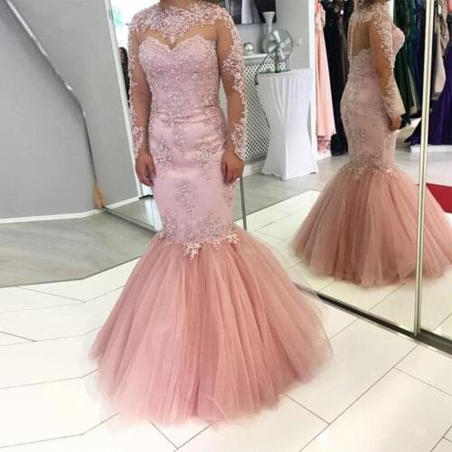 Pink Muslim Evening Dresses Mermaid Long Sleeves Tulle Lace Beaded Islamic Dubai Saudi Arabic Long Evening Gown Prom Dress