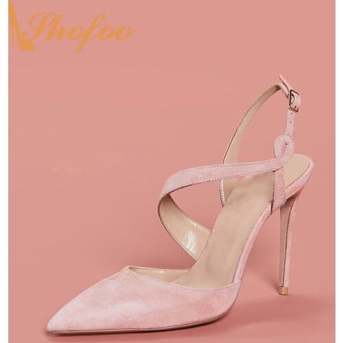 Rose Flock Slingback Pumps High Thin Heels Buckle Strap Women Pointed Toe Large Size 13 16 For Ladies Woman Fashion Shoes Shofoo