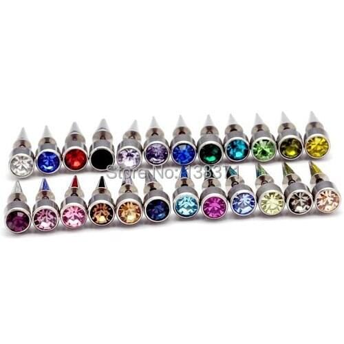 6 mm Width Austrian crystal titanium steel Spike Cone Tip Men Women Screw Back (pierced) Stud earrings 24 Colors for choose