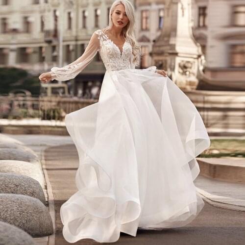 Robe de mariage plus size Long Sleeves Wedding dresses Tulle V-neck Appliqued A-line wedding gown Bridal Dress Vestido de Novia