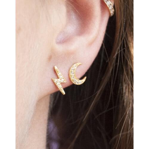 Top Fashion CZ Lightning Moon CZ Stud Earring Real 925 Sterling Delicate Micro Pave Cz Cute Flash Girl Minimal Earring