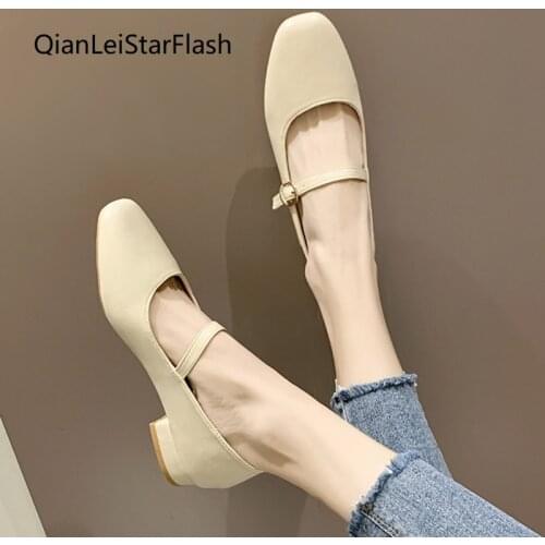 Spring Autumn Women Flats Mary Janes Shoes Low Heels Dress Shoes Black Square Toe Buckle Strap Boat Shoes Retro Ol Office