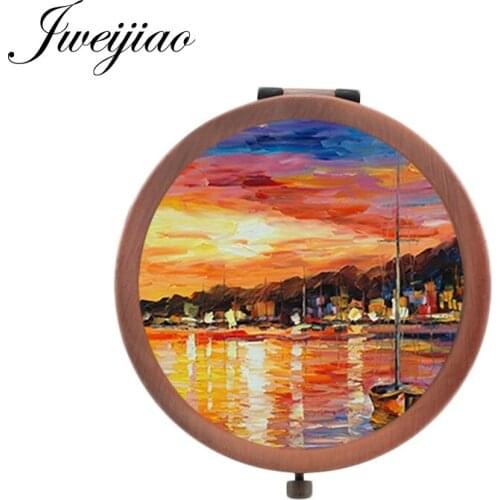 Youhaken Vintage Copper Metal Oil Painting pocket mirror Beauty Health Folding glass cabochon espejo de maquillaje PT23