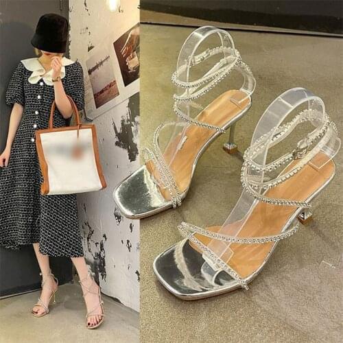 Women Sandals Shoes Rhinestone Bandage Stiletto Square Toe Ladies Thin Heels Slip On Casual Female Summer Fashion 2021 New