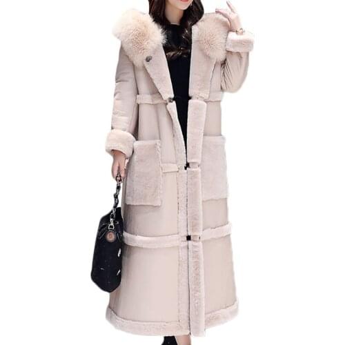 Winter Plus Size Cotton Clothing Coat Women Fashion Thick Warm Fur Collar Slim Jacket Womens Casual Knee Long Fur Coats E006