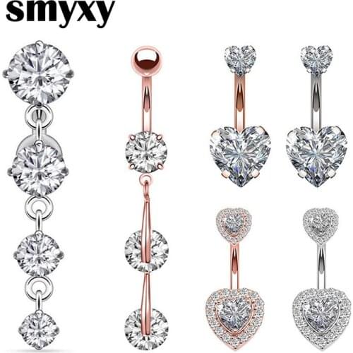 1 piece Women Surgical Steel Belly Ring Shining Crystal Dangle Double Heart Navel Belly Ring Body Piercing Navel Jewelry