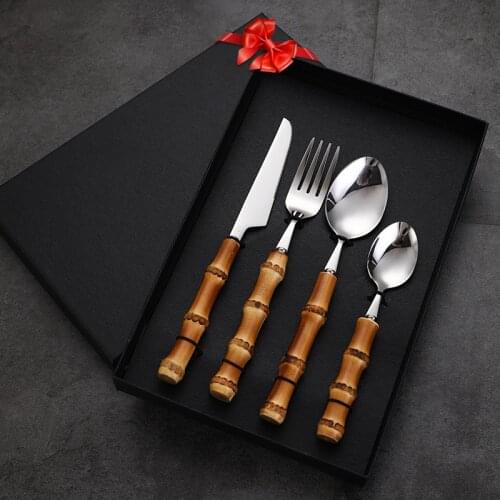 2/4Pcs Tableware With Bamboo Handle,Steak Knives Cutlery With Gift Box Stainless Steel Flatware,Set Includes Forks Spoons Knive