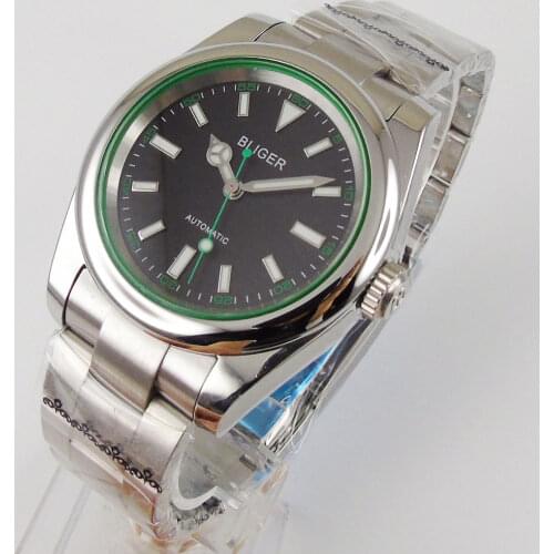 36mm Bliger Brand Black Dial Sapphire Glass Polished Case Automatic Movement Mens Watch Bracelet Luminous hands