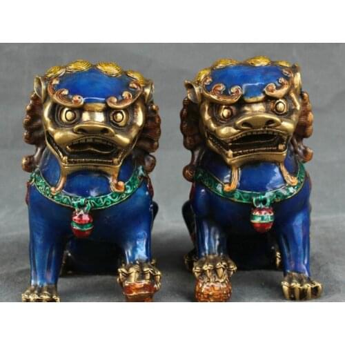 5"China Bronze Gilt Painted Foo Fu Dog Guardion Door Lion Ball Statue Pair