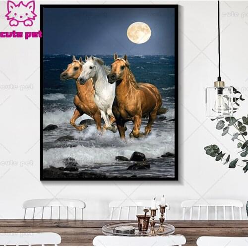 Horses Water Moon sea 5d diy diamond painting full square round diamond embroider for 2020 New arrivals gift animal office decor