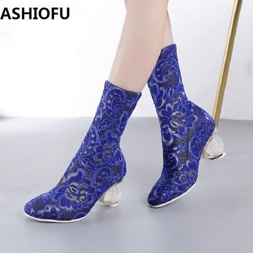 ASHIOFU Handmade New Womens Mid-heel Boots Strech-leather Sexy Club Ankle Boots Dress Evening Winter Fashion Short Boots Shoes