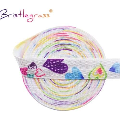 BRISTLEGRASS 2 5 10 Yard 5/8" 15mm Rainbow Heart Print Fold Over Elastics FOE Spandex Satin Band Tape Hair Tie Dress Sewing Trim