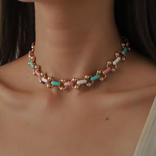 Ins Temperament Leisure Punk Rainbow Metal Necklace Small Gold Ball Drop Oil Color Clavicle Chain for Women Girls Gifts Jewelry