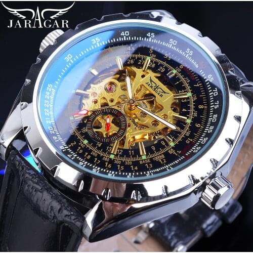 Jaragar Golden Skeleton Mens Watch Automatic Self-Wind Silver Bezel Mechanical Sport Leather Strap Wrist Relogio Male Clock Saat