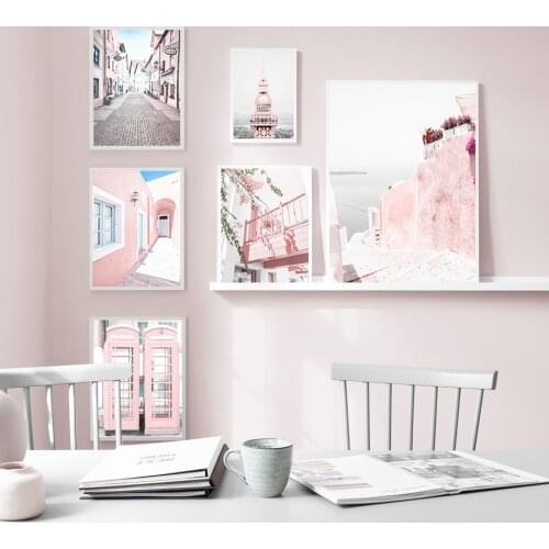 Small Town Pink Telephone Booth Sea Ocean Tower Wall Art Canvas Painting Nordic Posters And Prints Wall Pictures For Living Room