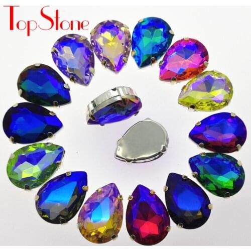 TopStone Colors AB Teardrop Sew On Beads 10x14mm~20x30mm Droplet Glass Crystal Fancy Stone With Silver Claws Settings 4 Holes