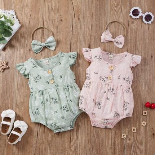 Summer Baby Girls Clothes Floral Romper Toddler Infant Fly Sleeve Button Jumpsuits+Headband Cotton Soft 2pcs Outfits