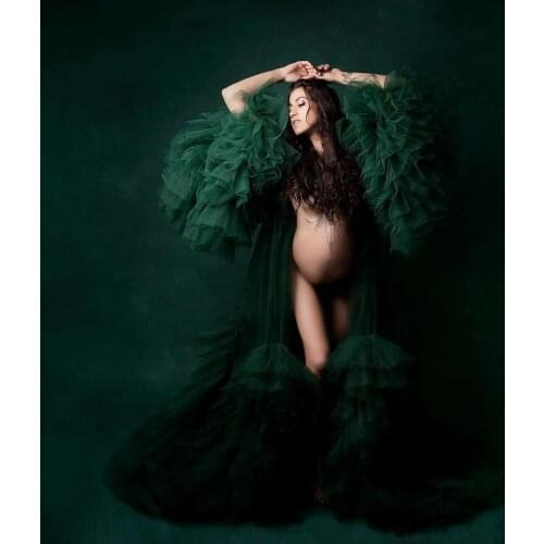Fashion Dark Green Tulle Tiered Ruffles Long Women Robe To Photograpgy Puffy Draped Sleeves Maternity Dress Baby Shower Dress