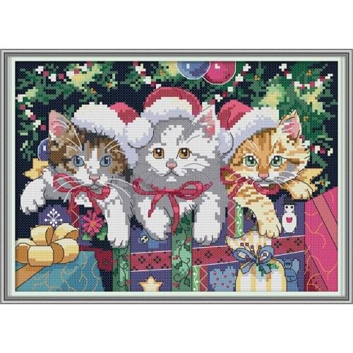 NKF Christmas Cat Cross Stitch Kits 11CT 14CT Chinese Cross Stitch Embroidery Needlework Set for Home Decor