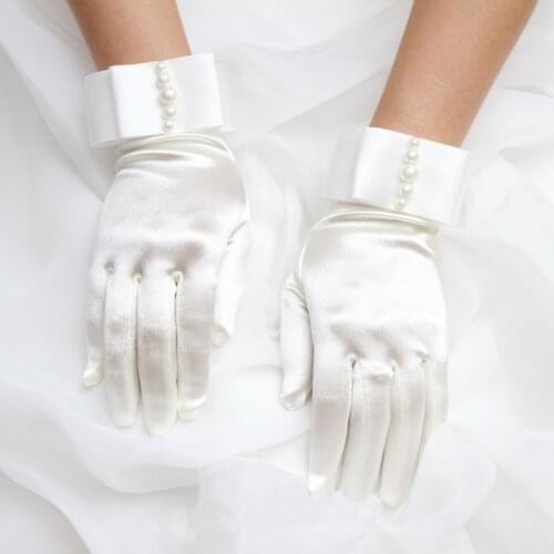 2021 New Womens Short Full Fingers Faux Pearl Beaded Bridal Wedding Gloves With Bow Satin