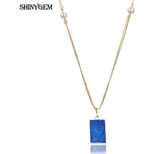 ShinyGem Contracted Style Square Shape Natural Druzy Crystal Necklace For Women Gift Pearl Gold Plating Bezel Long Chain