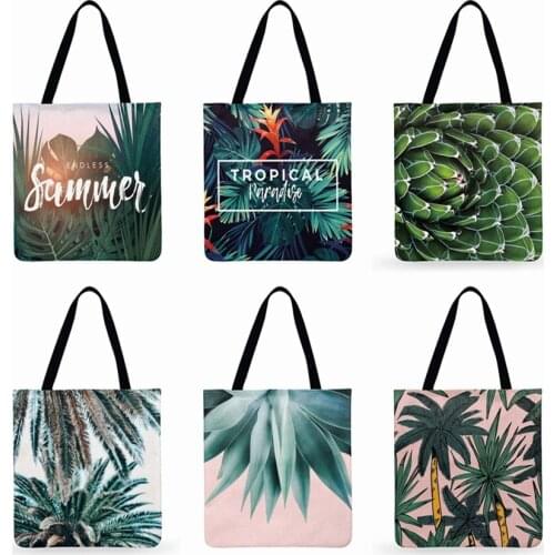 Tropical Green Plant Printed Tote Bag Linen Febric Casual Tote Beach Bags Women Shoulder Bag Foldable Shopping Bag