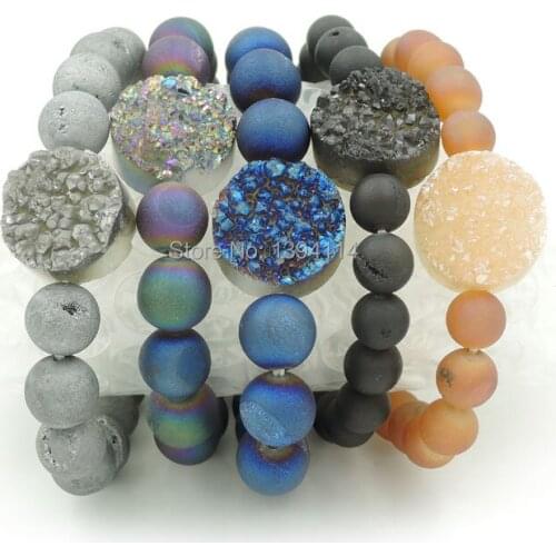 Titanium Frosted Agat e Round Beads & Crystal Druzy Round Beaded Bracelets