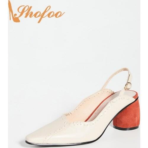 Beige Slingback Pumps Flock High Cylindrical Heels Buckle Strap Women Pointed Toe Big Size 12 16 Lady Woman Office Shoes Shofoo