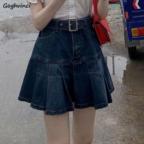 Pleated Skirts Women Denim High Waist Student Fashion Leisure All-match Summer Mini Holiday Solid Simple Korean Version Elegant