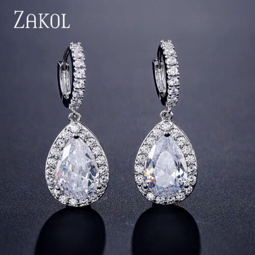 ZAKOL Fashion Classic Water Drop Crystal Zirconia Hoop Earrings for Women Shinny Bridal Wedding Jewelry Wholesale FSEP2276