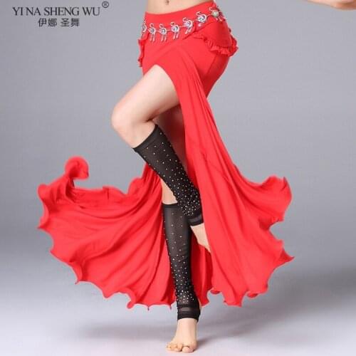 Women Belly Dance Skirt Solid Color Oriental Dance Suit High Cut India Bollywood Unilateral Split BellyDance Long Skirt M,L,XL