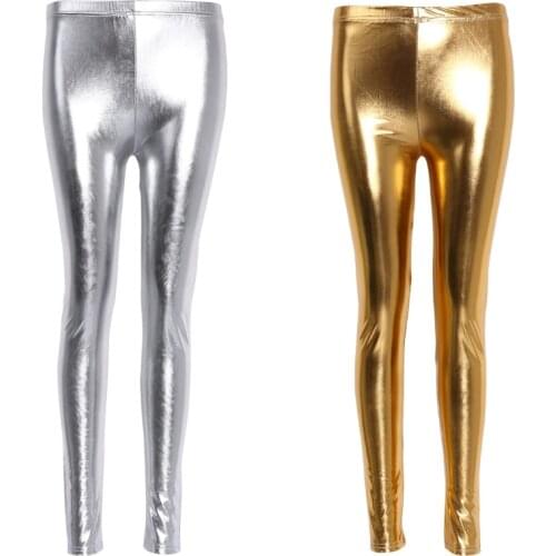 Women Shiny Silver Gold Leggings High-Waisted Faux Leather Stretch Pencil Pants