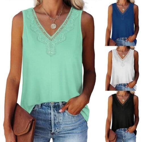 2021Summer Latest Women V Neck Solid Color Vest Lace Sleeveless Loose Pullover Top for Daily Life Breathable and refreshing