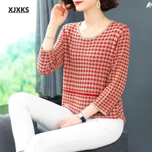 XJXKS Round neck three-quarter sleeve women thin sweater 2021 spring autumn new women wool knitted sweater striped pullover