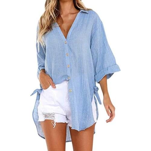 2021 New Lace Up Cotton Hemp Top V-neck Casual Cardigan Single Row Button Irregular Womens Chiffon Lapel Trend Shirt