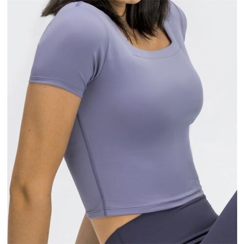 Nepoagym WILLPOWER Crop Womens Tops with Built In Bra Short Sleeve Brushed Summer Tops Square Neck Compression Sport Shirts