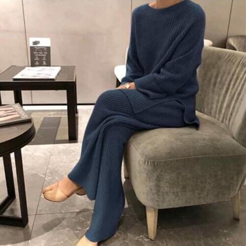 2021 Spring Fashion Womens Thicken Warm Knitted Pullover Sweater Two-Piece Suits +High Waist Loose Wide Leg Pants Set