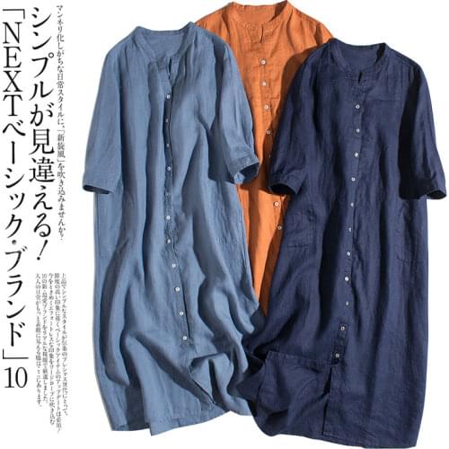 Spring Summer Women Simple Elegant Loose Mori Girl Japan Style Comfortable French 14*14 Water Washed Linen V-neck Shirt Dresses