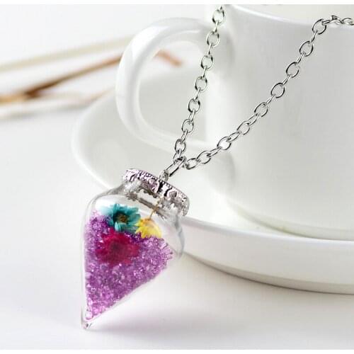 2017 New Drifting Bottle Lively Pendent Cone Glass Necklace Creative Natural Drift Sand Women Dry Flower Necklace Girls Gift
