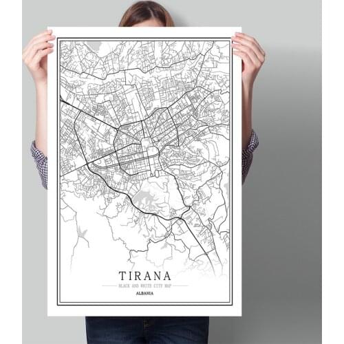 Black White World City Map Poster Nordic Living Room Wall Art Pictures Home Decor Canvas Painting Albania Tirana Durres Kamez