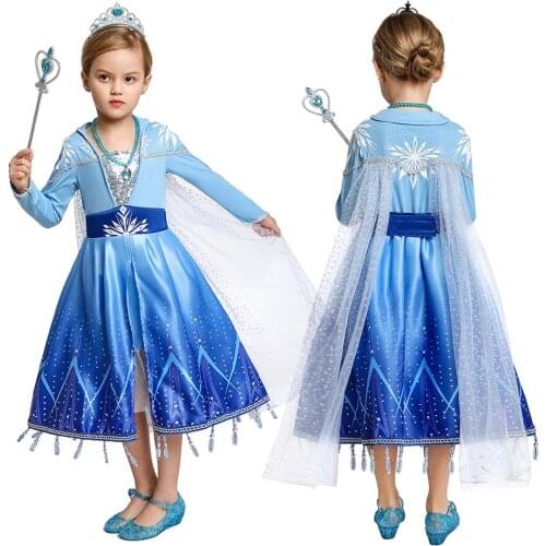 Frozen Girls Elsa Princess Party Dress Cosplay Kids Costumes Long Sleeve Blue Costume Children Fantasia Ball String Beads JYF