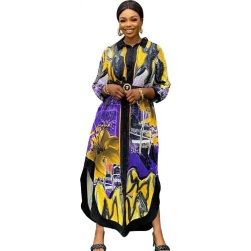 Long African Shirt Dress Women Single Breasted Turn Down Collar Robes Fashion Streetwear Bazin Riche African Office Lady Dress