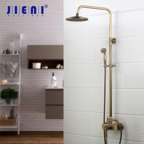 JIENI Antique Brass Flexible Retro Vintage Brass Wall Mount 8 inches Shower Head Control Valve Hand Sprayer Bathroom Shower Set