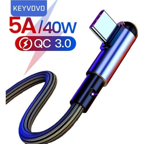 5A Super Fast Charging Type C USB Cable for Huawei P40 Mate 30 Pro Samsung S7 Xiaomi Redmi Micro Usb Cables Elbow 90 Degree Cord