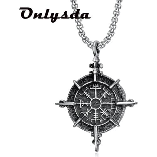 Classic Viking Vegvisir Compass Chain Necklace Stainless Steel Nordic Runes Odin Necklace Pendant Celts Ethnic Jewelry OSDZ142
